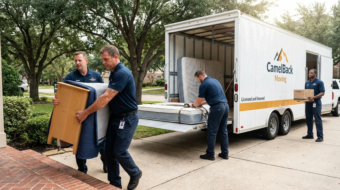 Crew loading residential truck for cross-state move from Kingsford, MI