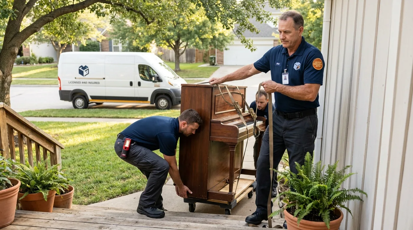Licensed piano movers securing grand piano in Kingsford, MI
