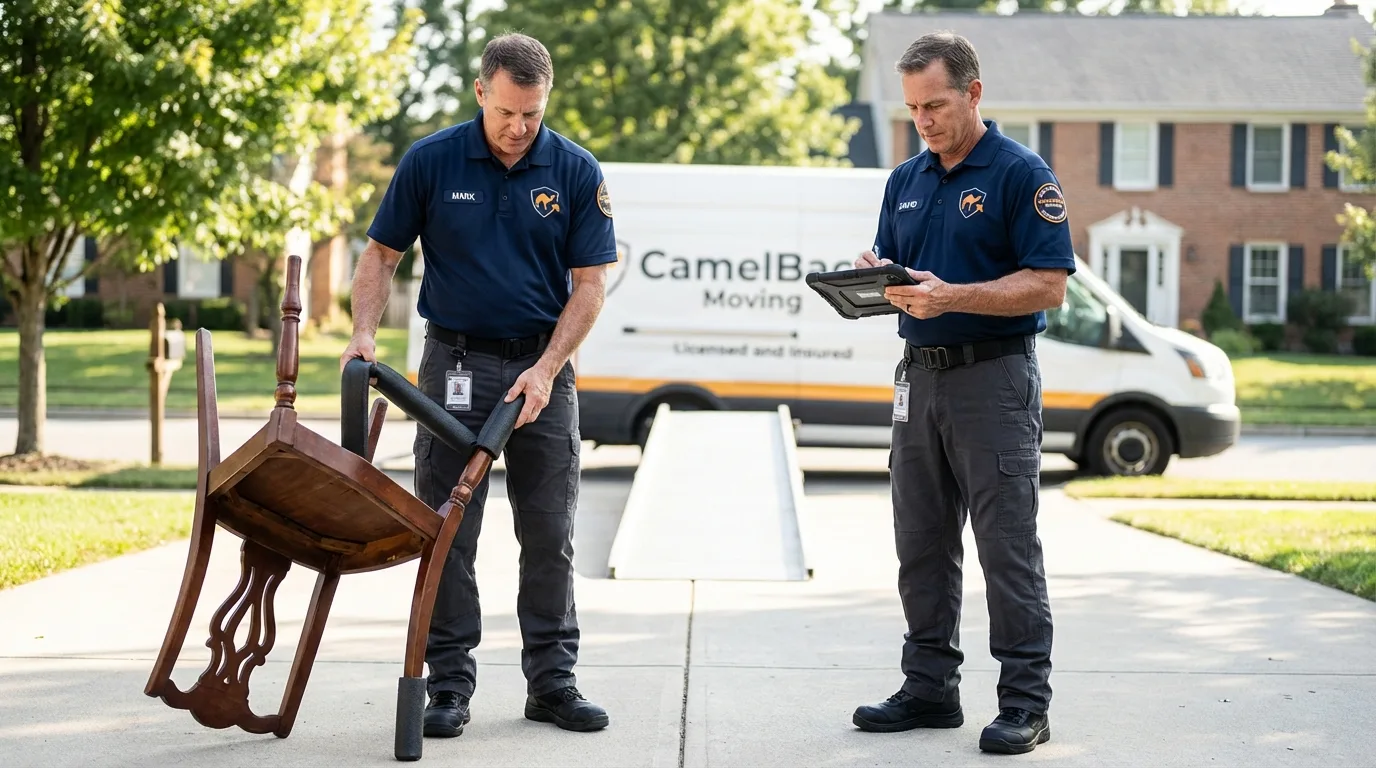 Movers inspecting furniture for damage prevention before loading in Kingsford, MI