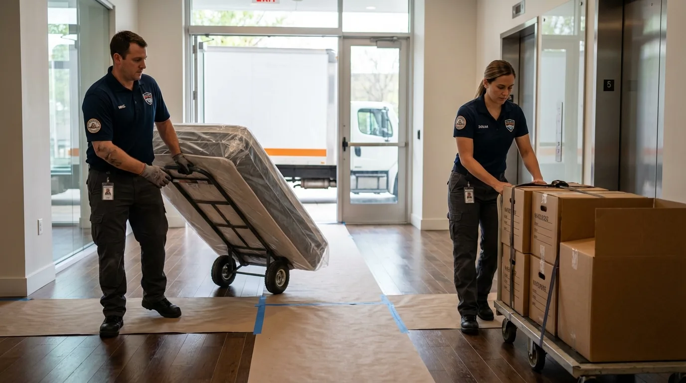 Professional apartment movers loading elevator in Kingsford, MI