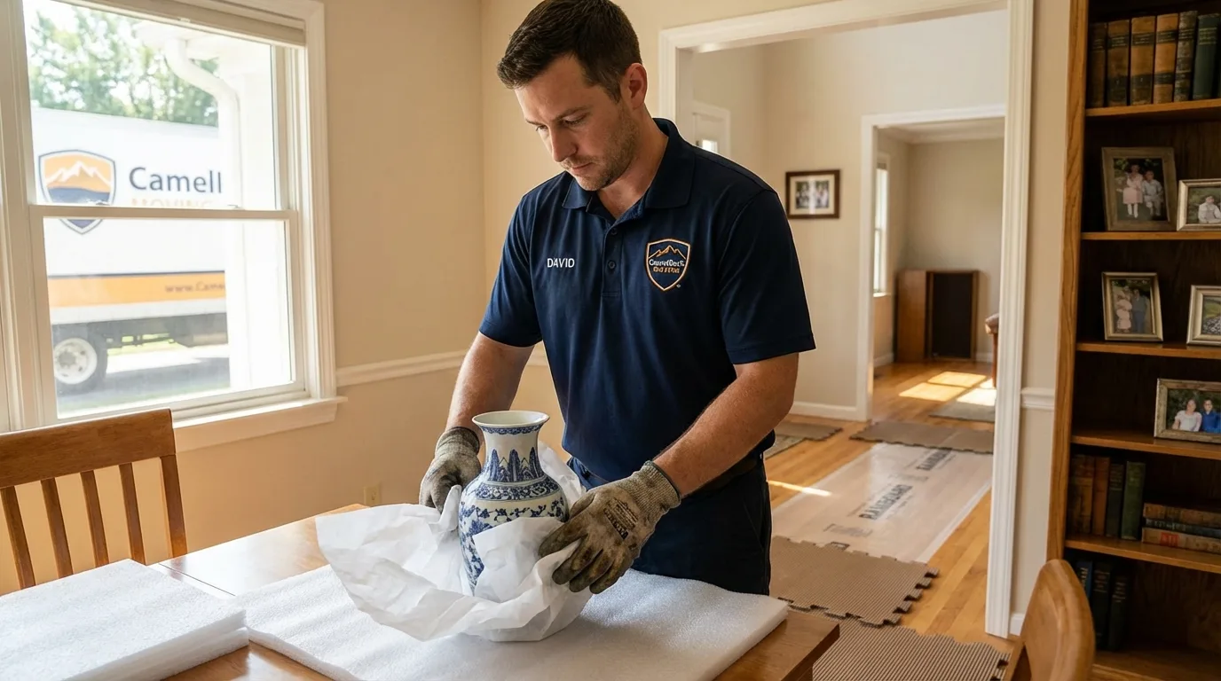 Professional crew carefully wrapping antique vase for senior downsizing move in Kingsford, MI